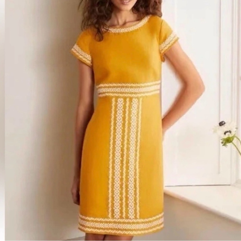 Boden Laura 100% Linen Embroidered Shift Dress in Tuscan Sun Yellow - Size 8 - Picture 2 of 12